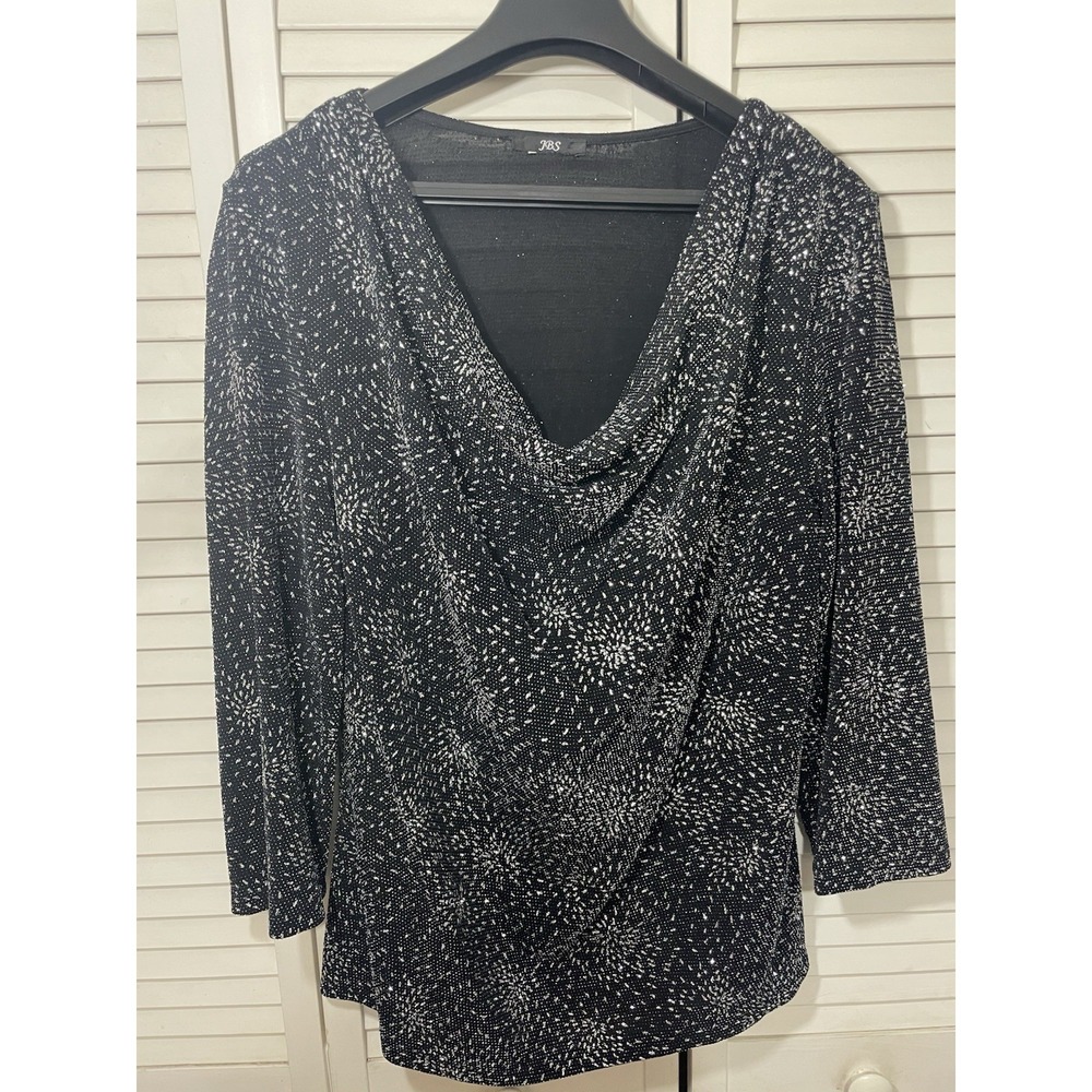 JBS Black Silver Glitter Abstract Cowl Neck 3/4 Sleeve Tunic Blouse M/L